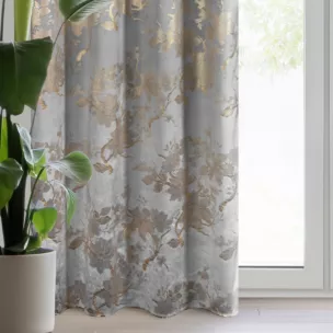 Zasłona stalowo, szampańska zdobiona nadrukiem błyszczących kwiatów 140x250 cm przelotka - CELIA
