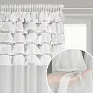 Firana biała z etaminy zdobiona w górnej części falbanami 140x270 cm taśma AURA