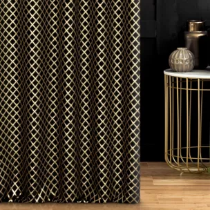 Zasłona szyta na taśmie 5 cm czarno złota z szenilowej tkaniny w drobny geometryczny wzór przetykany błyszczącą nicią