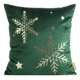 Poszewka na poduszkę świąteczna 45x45 cm welwetowa ciemnozielona zdobiona nadrukiem szampańskich śnieżynek