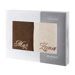 Zestaw ręczników bawełnianych na prezent 2 szt 70x140 cm z haftem Żona i Mąż kolor beżowy,brązowy 400 g/m2