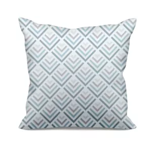 Poszewka szyta jasnokremowo turkusowa z tkaniny o naturalnym splocie z nadrukowanym geometrycznym wzorem