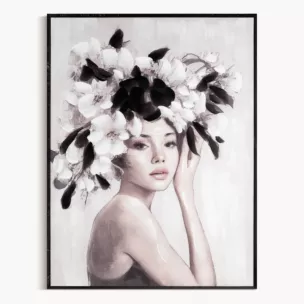 Obraz kremowo, czarny ręcznie malowanej kobiety z kwiatami na płótnie 60x80 cm