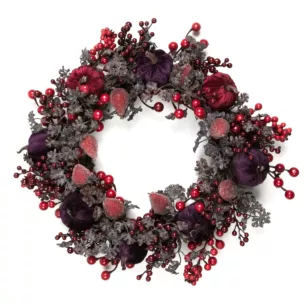 Wianek dekoracyjny bordowy zdobiony aksamitnymi dyniami