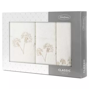 Zestaw ręczników bawełnianych na prezent 3 szt kolor kremowy, beżowy z haftem kwiatów 400 g/m2 MOLI