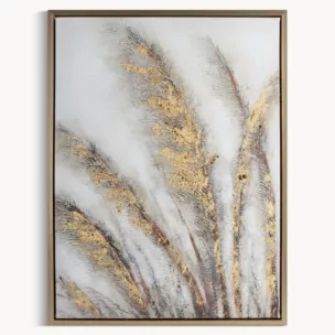 Obraz roślinny szaro, złocisty ręcznie malowany na płótnie z motywem trawy pampasowej 50x70 cm