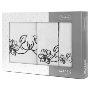 Zestaw ręczników bawełnianych na prezent 3 szt kolor biały, czarny z haftem uroczych kwiatów 400 g/m2 LILA