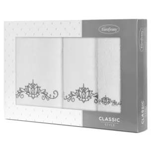 Zestaw ręczników bawełnianych na prezent 3 szt kolor biały,grafitowy z haftowanym wzorem lili wodnej 380g/m2 LILIANA