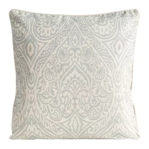 Poszewka na poduszkę 50x50 cm bawełniana z dodatkiem lnu beżowo, srebrna zdobiona wzorem ornamentu  LEN