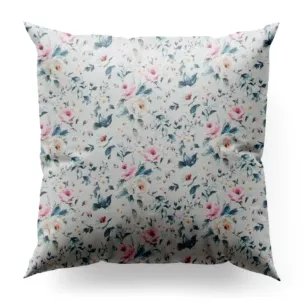 Poszewka szyta jasnokremowo turkusowa z tkaniny o naturalnym splocie z nadrukowanym kwiatowym wzorem