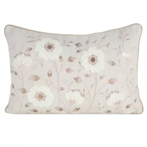 Poszewka na poduszkę 35x50 cm o naturalnym splocie zdobiona haftem wiosennych kwiatów beżowo, biała WIOSNA 123