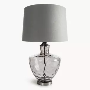 Lampa stołowa do pokoju srebrna ADELINE z lekko dymionego szkła i matowym abażurem