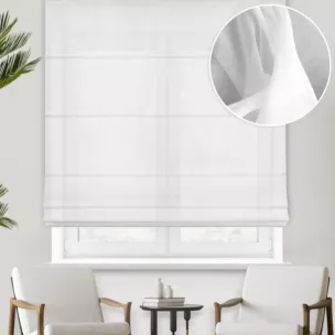 Roleta rzymska biała półprzezroczysta, z matowego woalu, o niestandardowej wysokości 360cm, wykończona obciążnikiem