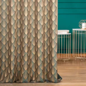 Zasłona szyta na taśmie 5 cm turkusowo złota z tkaniny w elegancki geometryczny wzór z błyszczącą nicią