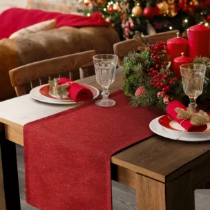 Bieżnik na stół czerwono, złocista 40x140 cm z żakardowej tkaniny LISE w drobne błyszczące prążki