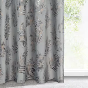 Zasłona welwetowa stalowo, szampańska z błyszczącym nadrukiem palmowych liści 140x300 cm taśma - GLORIA