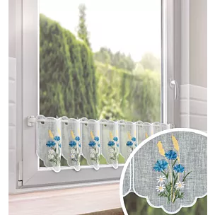 Tkanina firanowa zazdrostka zdobiona haftem polnych drobnych kwiatuszków