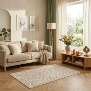 Dywan 80x140 cm beżowo, biały zdobiony nowoczesnym geometrycznym wzorem PRINT 3