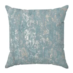 Poszewka szyta niebiesko złocista z grubej, welwetowej tkaniny z roślinnym wzorem, zdobiona delikatnie połyskującym nadrukiem