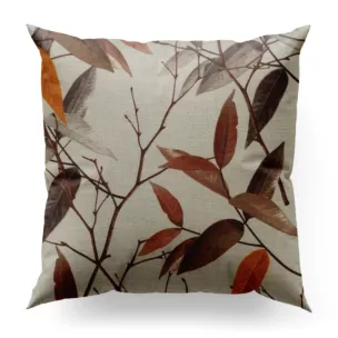 Poszewka szyta brązowo kremowa z tkaniny o naturalnym splocie z dodatkiem lnu, zdobionej nadrukiem w kształcie liści