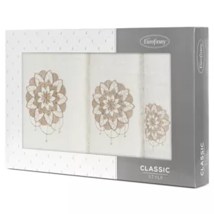 Zestaw ręczników bawełnianych na prezent 3 szt kolor kremowy,beżowy z haftowanym motywem lotosu 380g/m2 LOTUS