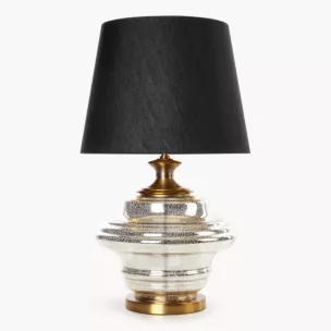 Lampa stołowa do salonu czarno, złota AMARI zdobiona szklaną podstawą i lekko szenilowym abażurem