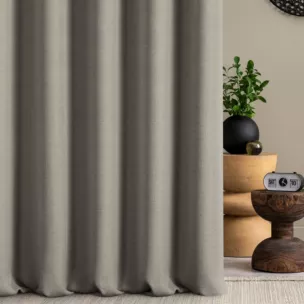 Zasłona szyta na flexach popielata z tkaniny z jodełkowym wzorem geometrycznym