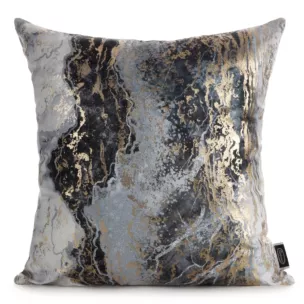 Poszewka na poduszkę 45x45 cm welwetowa, stalowa zdobiona przecieranym metalicznym nadrukiem SOFI