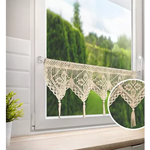 Zazdrostka jasnobeżowa ażurowa  w stylu eko z dekoracyjnymi chwostami 150x30 cm tunel MARTHA
