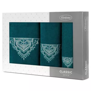 Zestaw ręczników bawełnianych na prezent 3 szt kolor ciemno turkusowy, srebrny z haftem 400 g/m2 LAURA