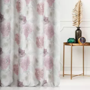 Zasłona szyta na taśmie 5 cm jasnokremowo pudrowa z tkaniny o naturalnym splocie z kwiatowym nadrukiem