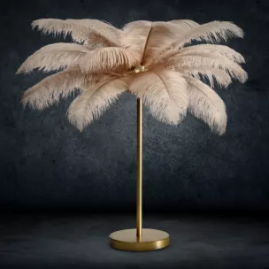 Lampa stojąca do salonu beżowo, szampańska FERI na metalowej podstawie z niezwykle efektownym abażurem z naturalnych strusich piór