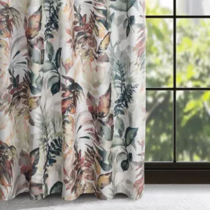 Zasłona biało, stalowa z motywem liści 140x270 cm taśma - LILIA