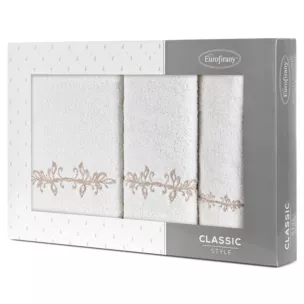 Zestaw ręczników bawełnianych na prezent 3 szt kolor kremowy,beżowy z haftem z motywem ornamentu roślinnego 380g/m2 KAMELIA