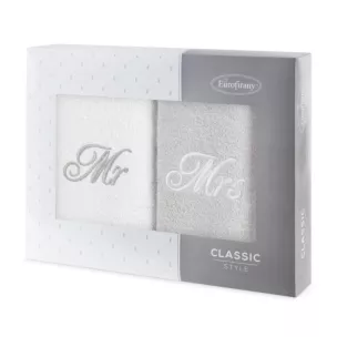 Zestaw ręczników bawełnianych na prezent 2 szt 50x90 cm z haftem MR&MRS kolor biały, popielaty 400 g/m2