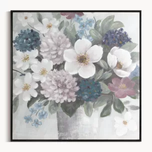 Obraz kremowo, zielony ręcznie malowane kwiaty na płótnie z błyszczącymi akcentami 80x80 cm