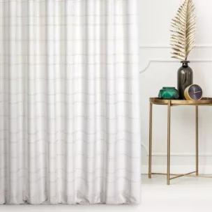 Zasłona szyta na taśmie 5 cm kremowo złota z gładkiej tkaniny przeplatanej błyszczącą lureksową nicią