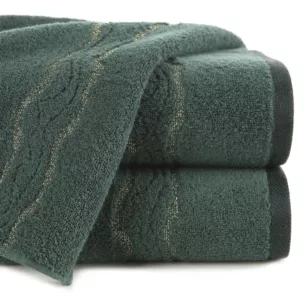 Ręcznik do rąk 30x50 cm bawełniany kolor ciemnozielony zdobiony bordiurą z błyszczącym wzorem 500 g/m2 KARIN