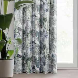 Zasłona biało, zielona ze wzorem egzotycznych liści z welwetu 140x270 cm taśma DAVOS