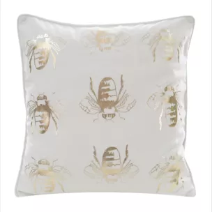 Poszewka na poduszkę 45x45 cm welwetowa, biało złocista z motywem pszczół BILNK