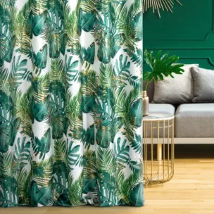 Zasłona szyta na taśmie 5 cm biało zielona miękka, welwetowa, z błyszczącym nadrukowanym motywem botanicznym