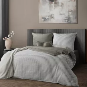 Pościel 140x200 cm komplet 2 częściowy z satyny bawełnianej kolor biało, stalowy w paseczki RAYA