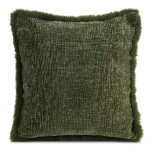 Poszewka na poduszkę 45x45 cm oliwkowa szenilowa zdobiona futerkiem na brzegach BLANCA 01