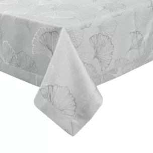 Obrus szary 145x400 cm DIANA zdobiony żakardowym wzorem liści miłorzębu i ozdobna kantą