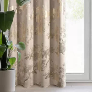 Zasłona beżowo, szampańska zdobiona nadrukiem błyszczących kwiatów 140x250 cm przelotka - CELIA