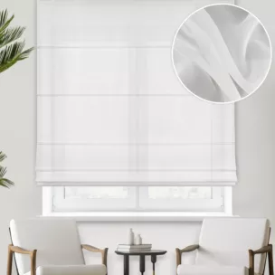 Roleta rzymska kremowa półprzezroczysta, z matowego woalu, o niestandardowej wysokości 370cm, wykończona obciążnikiem