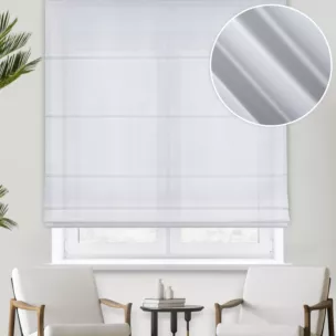 Roleta rzymska biała półprzezroczysta, z tkaniny typu żorżeta o niestandardowej wysokości 340cm, wykończona obciążnikiem