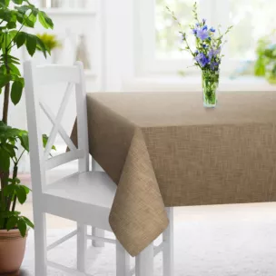 Obrus szyty jasnobrązowy o naturalnym, luźnym splocie w stylu eko