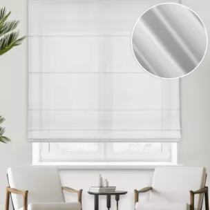 Roleta rzymska kremowa półprzezroczysta, z tkaniny typu żorżeta o niestandardowej wysokości 340cm, wykończona obciążnikiem