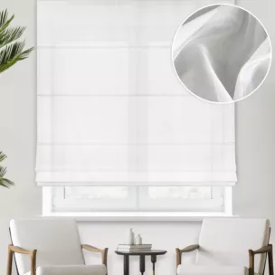 Roleta rzymska beżowa z błyszczącej tkaniny wykończonej obciążnikiem